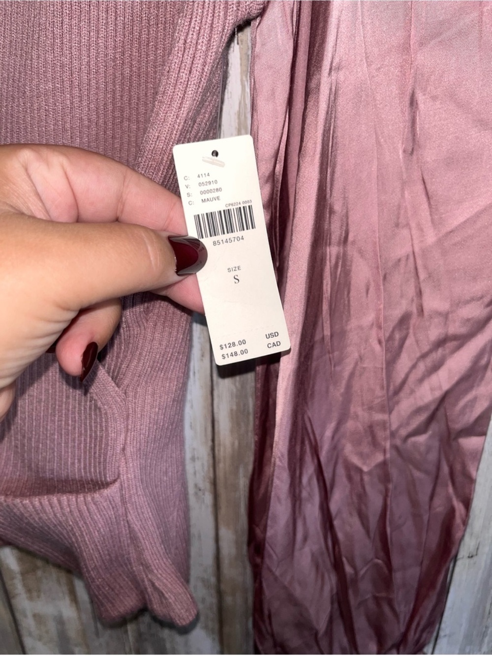 Anthropologie Mauve Ribbed Wrap Sweater Satin Puff Sleeve Top S NWT - Picture 7 of 7